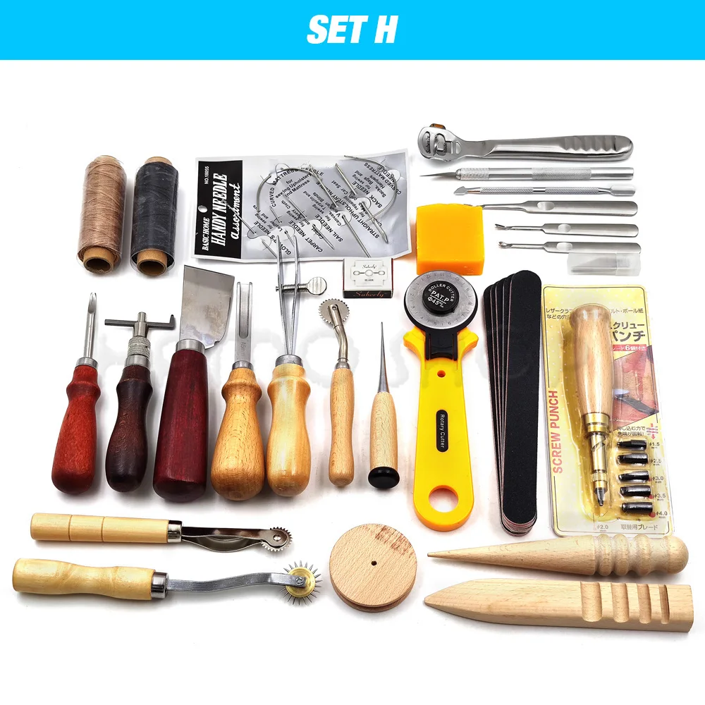 24mm wrench Leathercraft Tool Set Kits Pine Wood Leathercraft Hand Stitching Clamp Leather Punching Carving Saddle Groover Tools Storage DIY interior trim removal tool Tool Sets