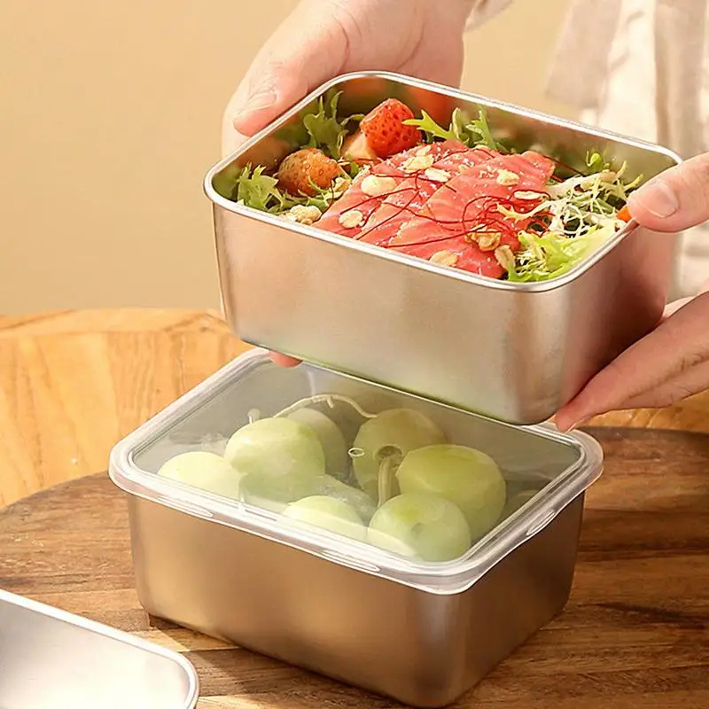 Stainless Steel Square Plate With Lid Rectangular Food Storage Pan Commercial Dish Tray Large Refreshing Lunch Box Container 2
