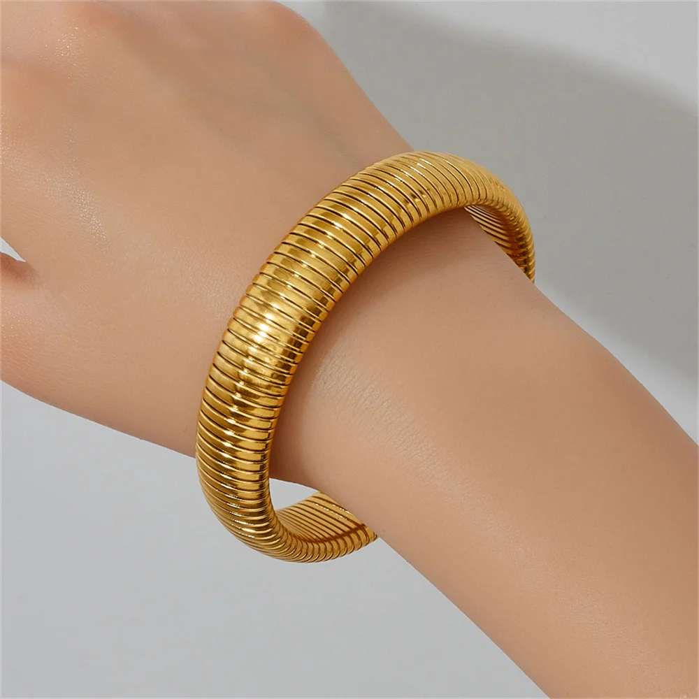 18K PVD Gold Plated Spring Antique Original Design Wide and Narrow Style Elastic  stainless Steel Bracelet Jewelry for women 6