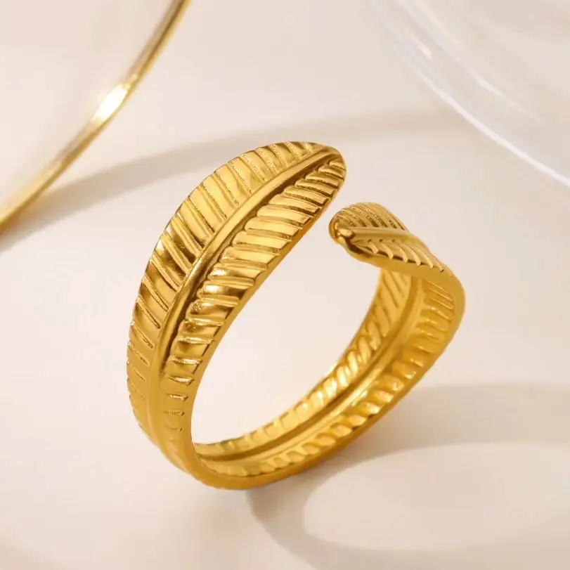 Gold Textured Leaf Ring Stainless Steel