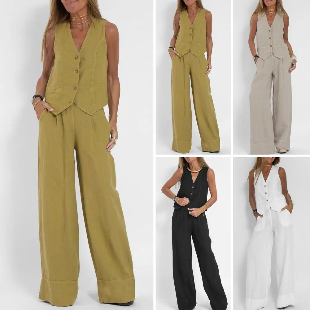 Casual Style Suit Set Stylish Women's Cotton Linen Suit Set with Sleeveless Vest Wide Leg Pants for Office or Casual Wear 67jc stylish cotton cap for kids comfortable