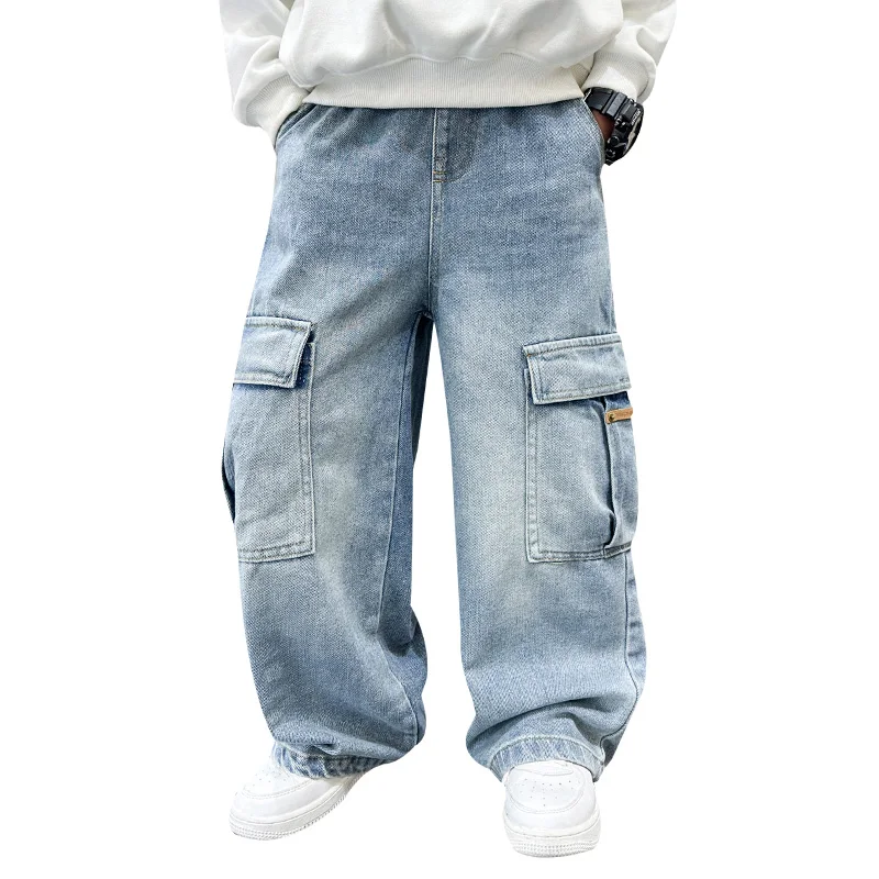 School Boys Casual Cargo Jeans With Pocket Preppy Loose Style Teenage Child Denim Pants High Fashion Kids Jeans Trousers 5-14 Y