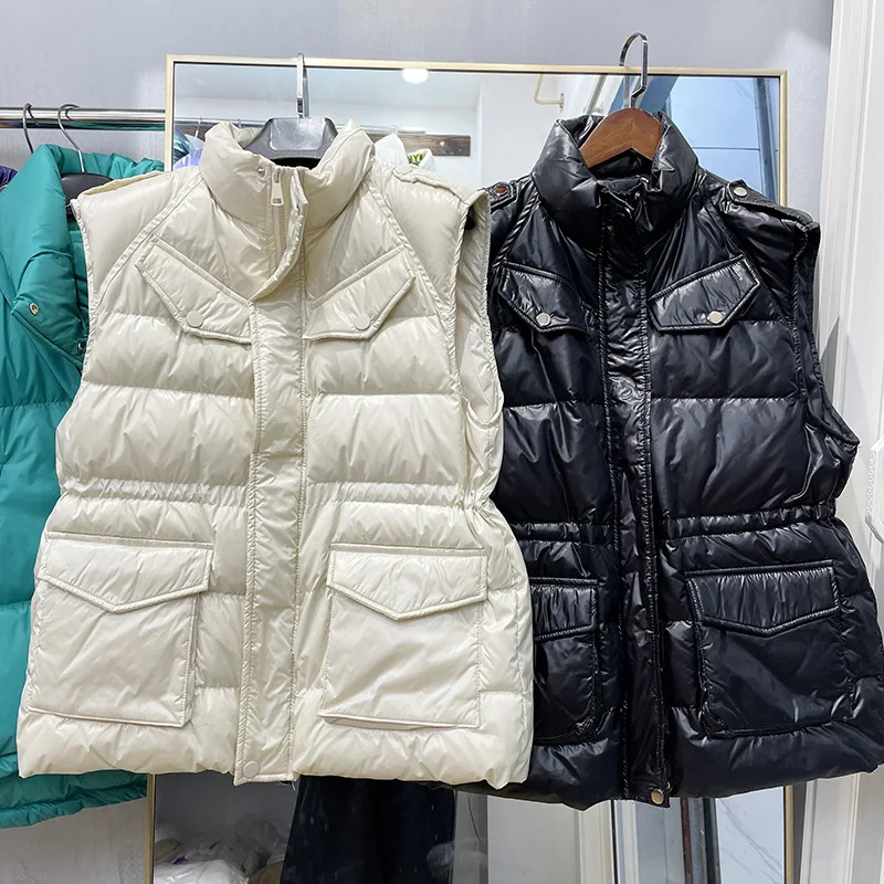 Fashion Warm Down Waistcoat Ladies New Ultra Light Women Winter Lightweight Shiny Cotton Vest Black White Coat Sleeveless Jacket