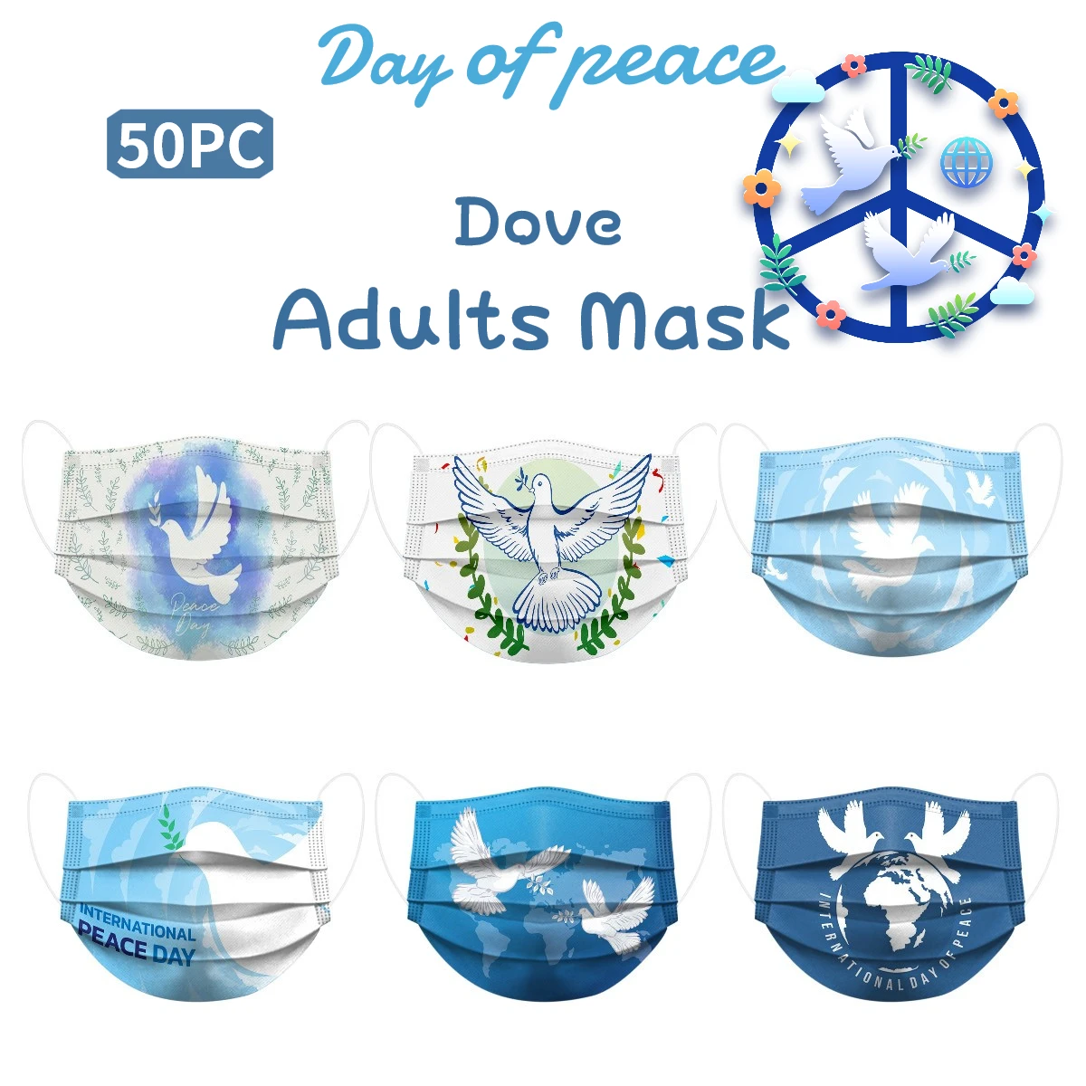 

50PC Disposable Adults Peace Dove Print Facemask Peace And Love Mascarillas Mascherine Mascaras Mondmasker Halloween Cosplay
