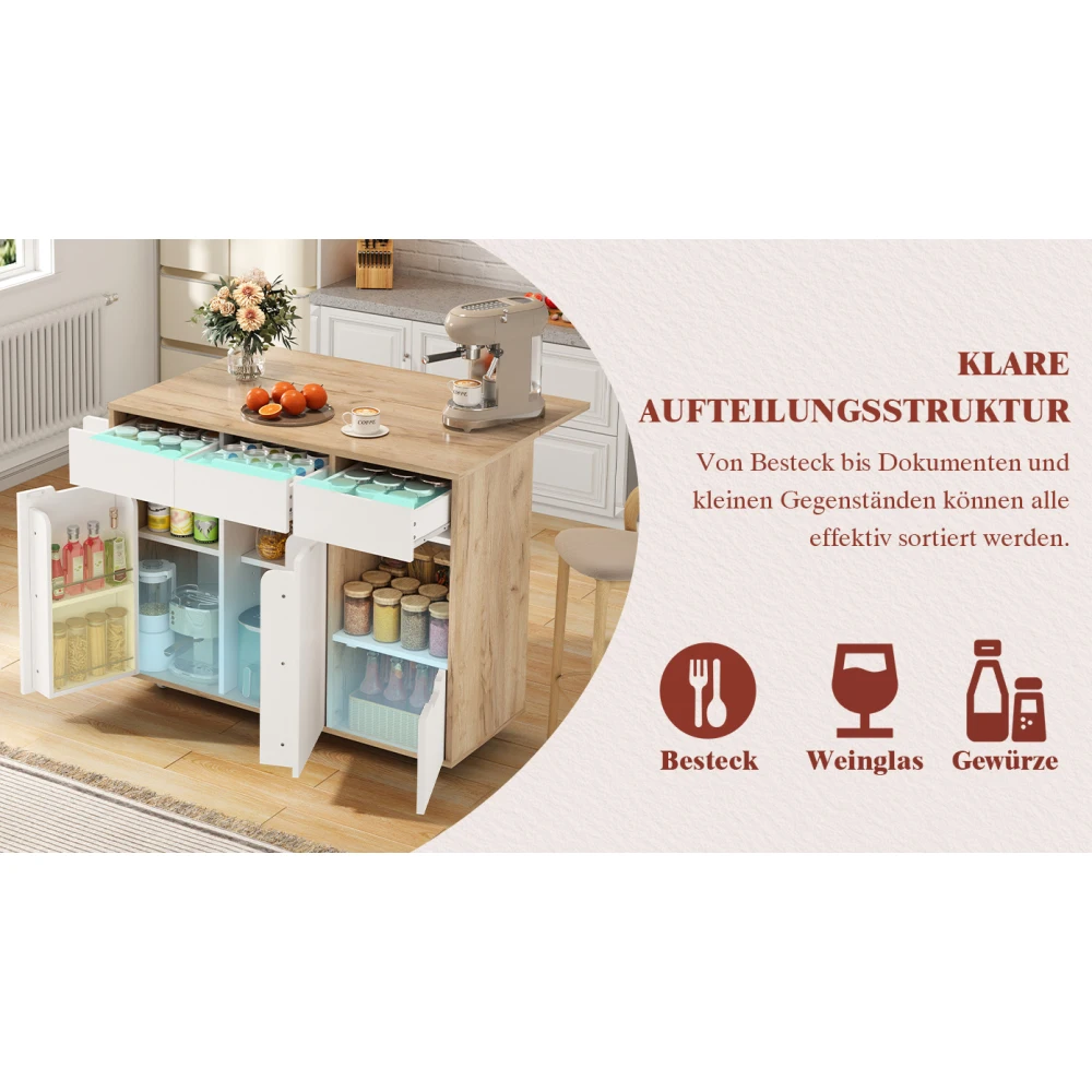 Kitchen Island with Cabinet Doors and Open Compartments Service Trolley with 360° Wheels and Drawers for Easy Mobility