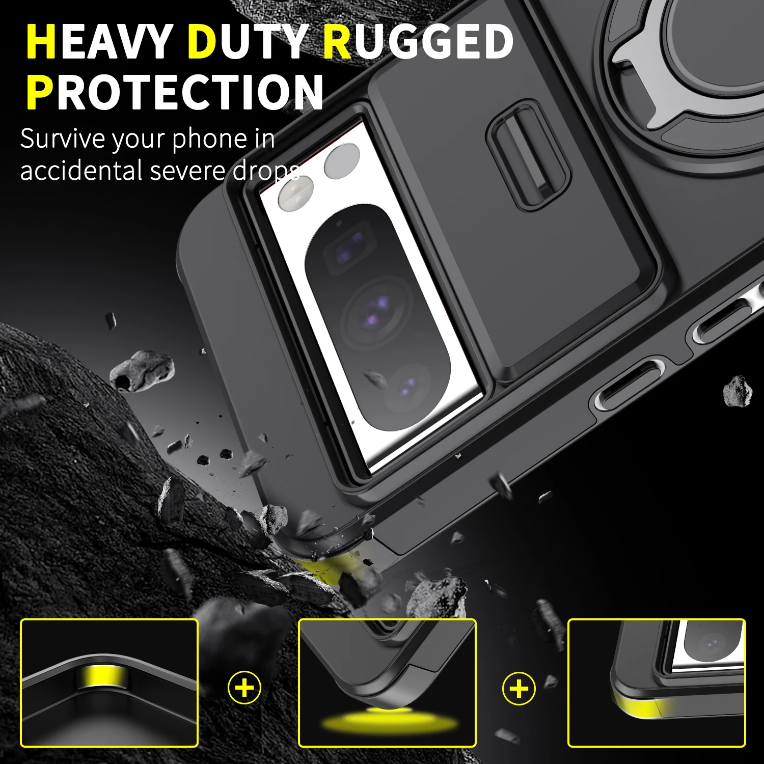 Premium Phone Case with Lifting Protection Lens, Bracket, and Magnetic Ring Suction