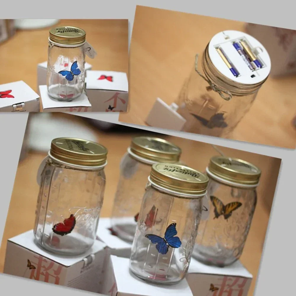Magic Flying Butterfly Jar LED Lamp Glass Mason Jar Simulation Animated Butterfly Fly Insect Collecting Bottle Home Decor