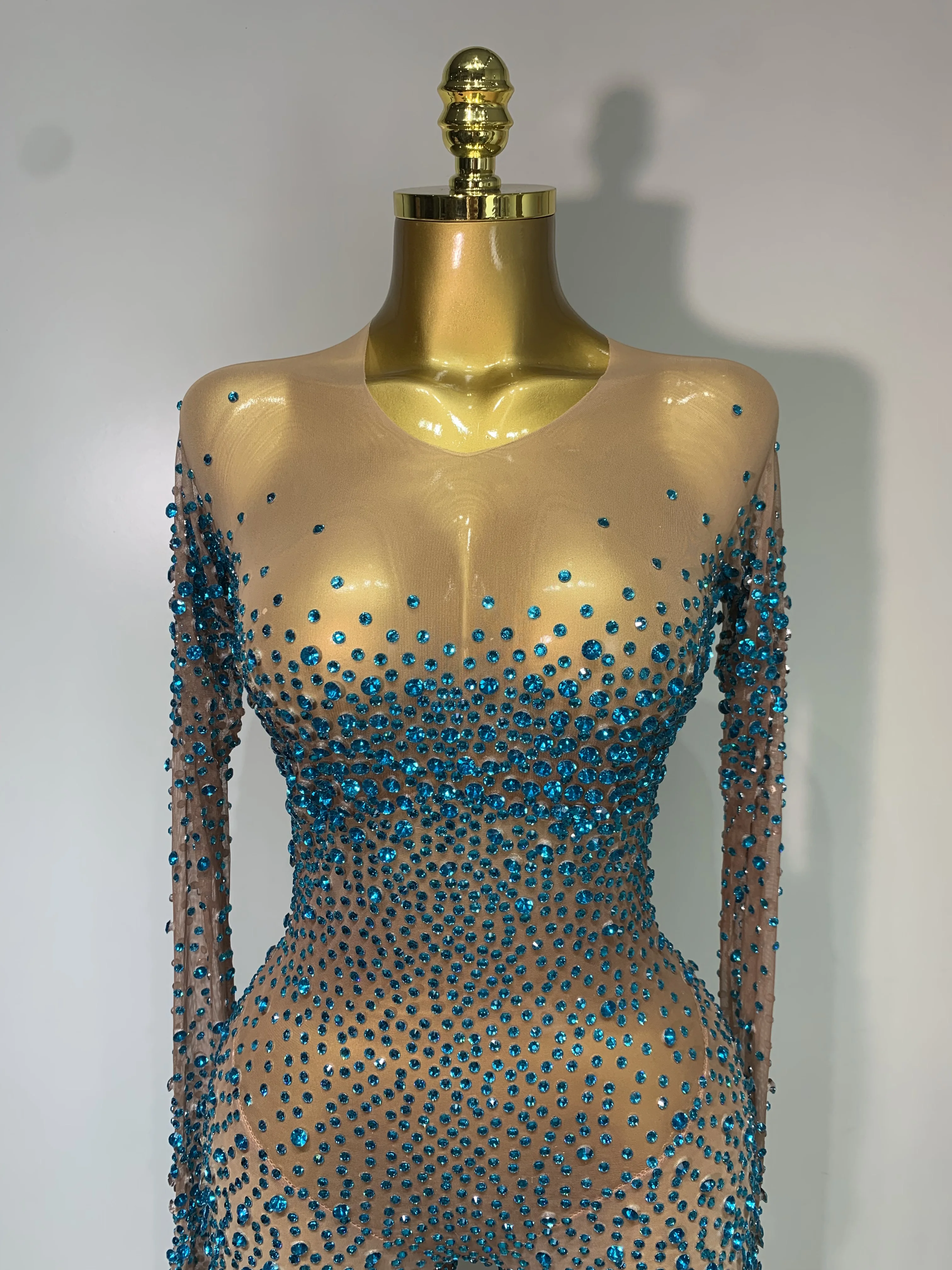 Luxury Rhinestones Bodycon Jumpsuit Sexy Women Mesh See Through Birthday Gown Women Bar Nightclub Dancer Stage Outfit 5