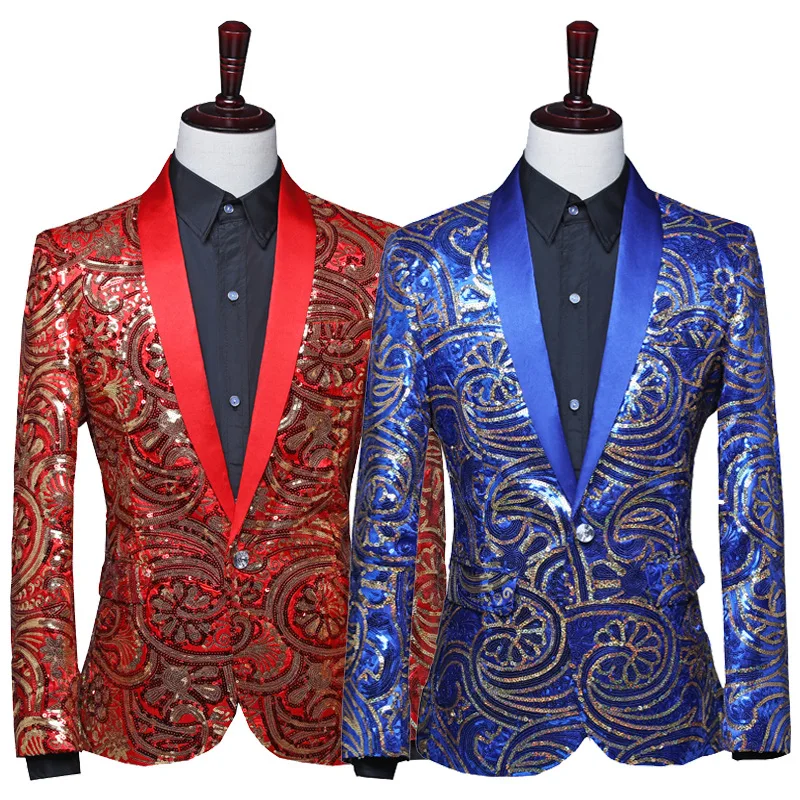 2025 Gold Green Fruit Collar Fancy Sequin Blazers for Men, Nightclub Singer Host Studio Photo Blue/Red Suit Jacket with Bow Tie