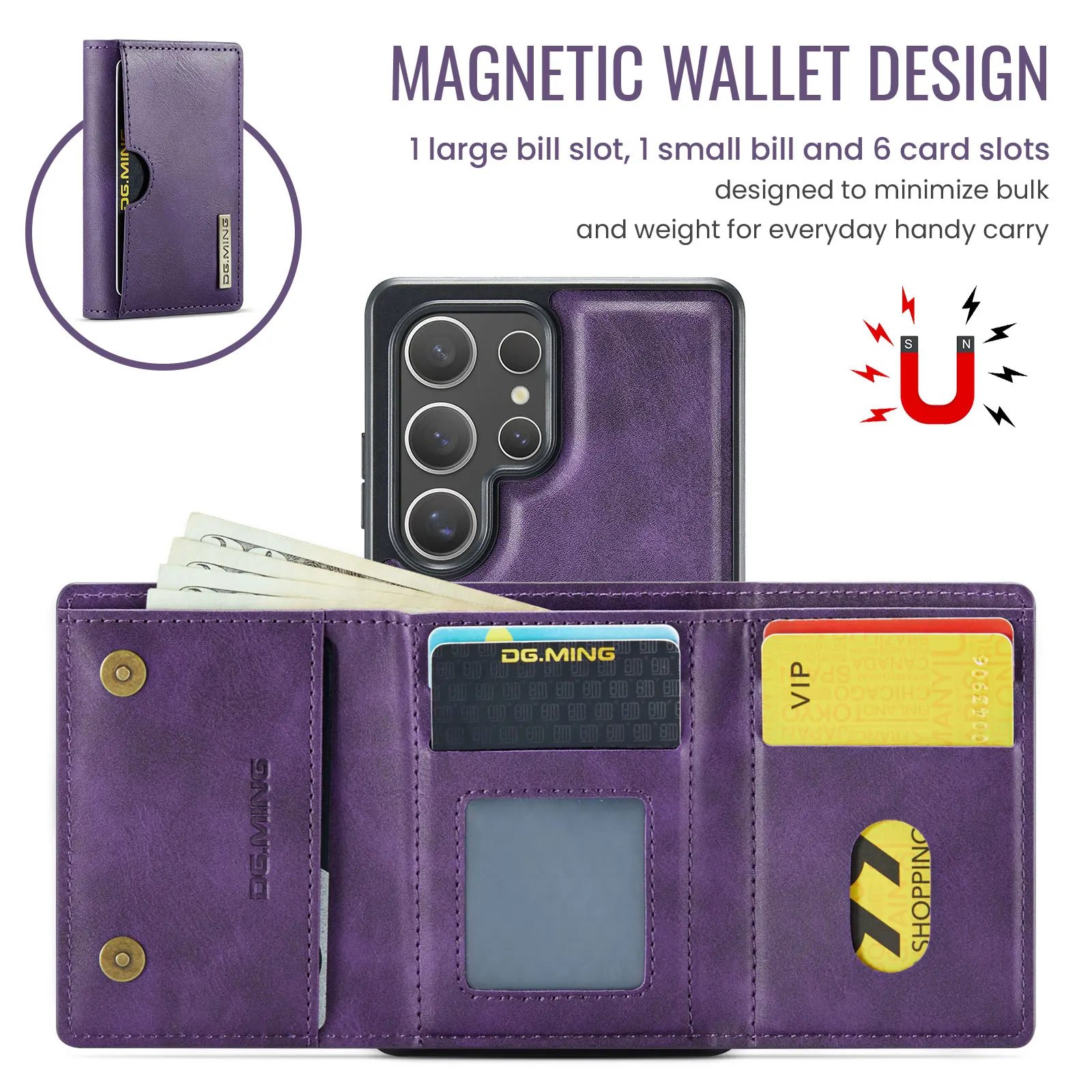 Magnetic Leather Wallet Phone Case with Detachable Flip Card Holder