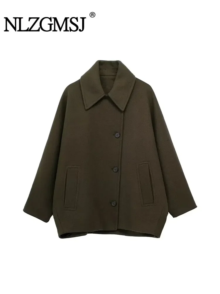

Nlzgmsj TRAF 2024 Women Wool Blend Short Jacket Coats Long Sleeve Vintage Single Breasted Autumn Winter Casual Loose Warm Tops