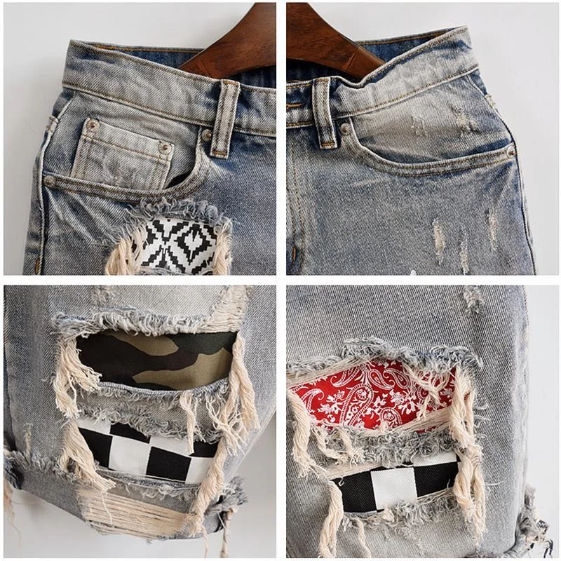 Summer denim shorts, men's personality, beggar patch, hole patch, slimming fashion label, versatile Korean version, trendy