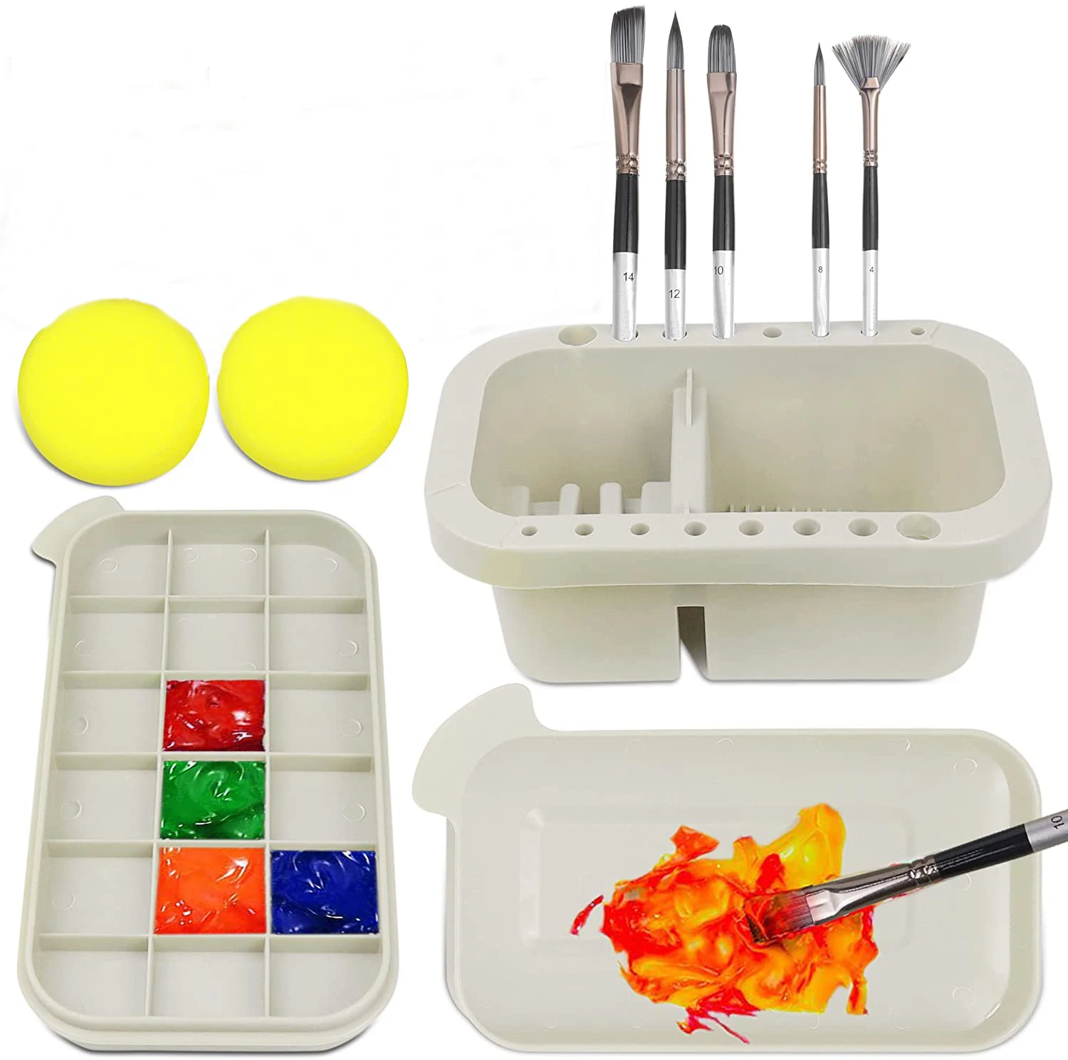 Paint Brush Cleaner Washer Multifunction Painting Brush Basin Holder and Organizer width Tray Palette Lid 2 Art Sponges 1