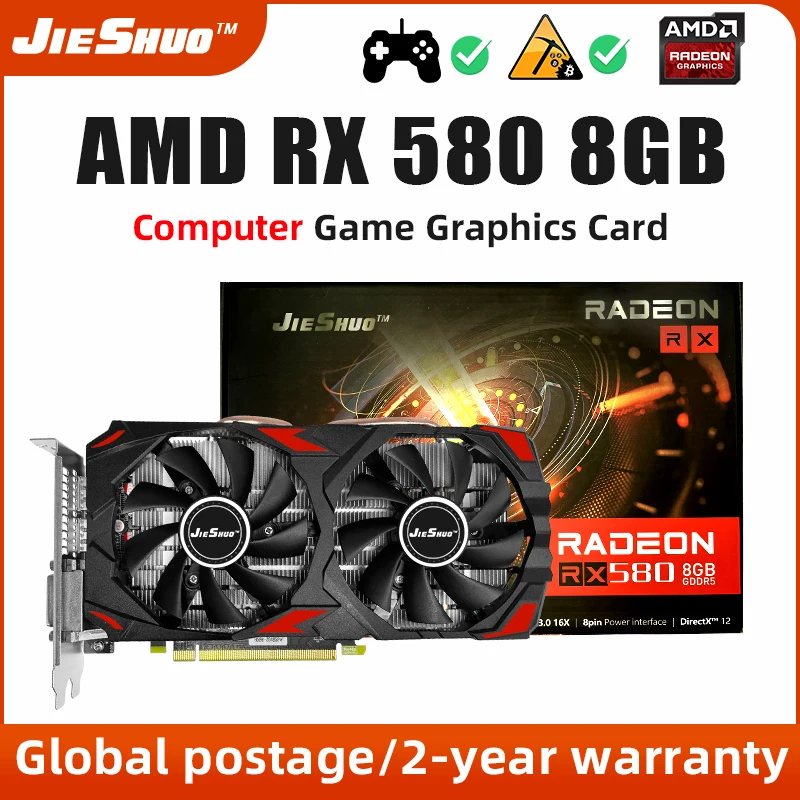 JIESHUO Graphics Cards AMD RX580 8G For GDDR5 GPU RX 580 8GB 256Bit 2048SP Computer GPU RX5808G Play game and working choose win