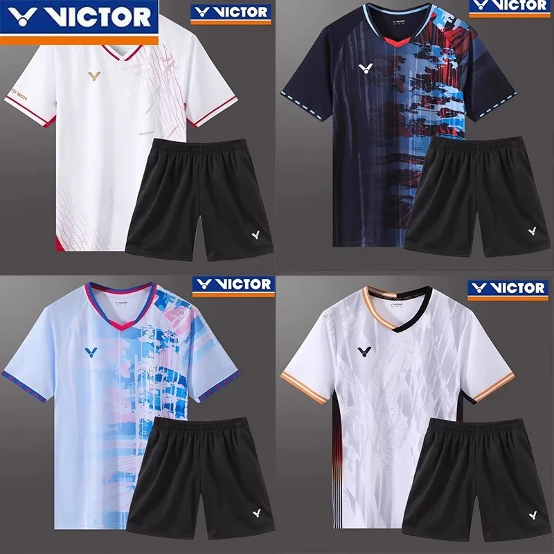 Victor New Men's and Women's Same Badminton Jersey Sports Short-sleeved Top with Shorts Set