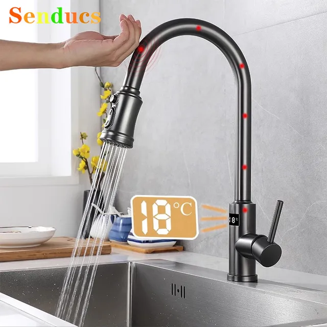 ก๊อกน้ำอ่างล้างจานแบบดิจิตอลสีเทา พร้อมหัวฉีดแบบดึงลง ก๊อกผสมน้ำร้อนน้ำเย็นแบบสัมผัสสำหรับห้องครัว 1 ก๊อกน้ำอ่างล้างจานแบบดิจิตอลสีเทา พร้อมหัวฉีดแบบดึงลง ก๊อกผสมน้ำร้อนน้ำเย็นแบบสัมผัสสำหรับห้องครัว 1