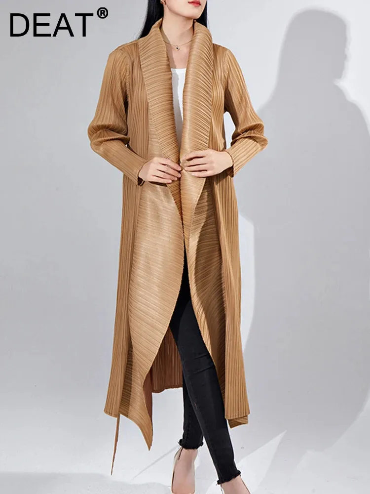 

Женский Асимметричный плиссированный Тренч DEAT, однотонный свободный Тренч средней длины с отложным воротником и длинным рукавом, с поясом, осень 2023