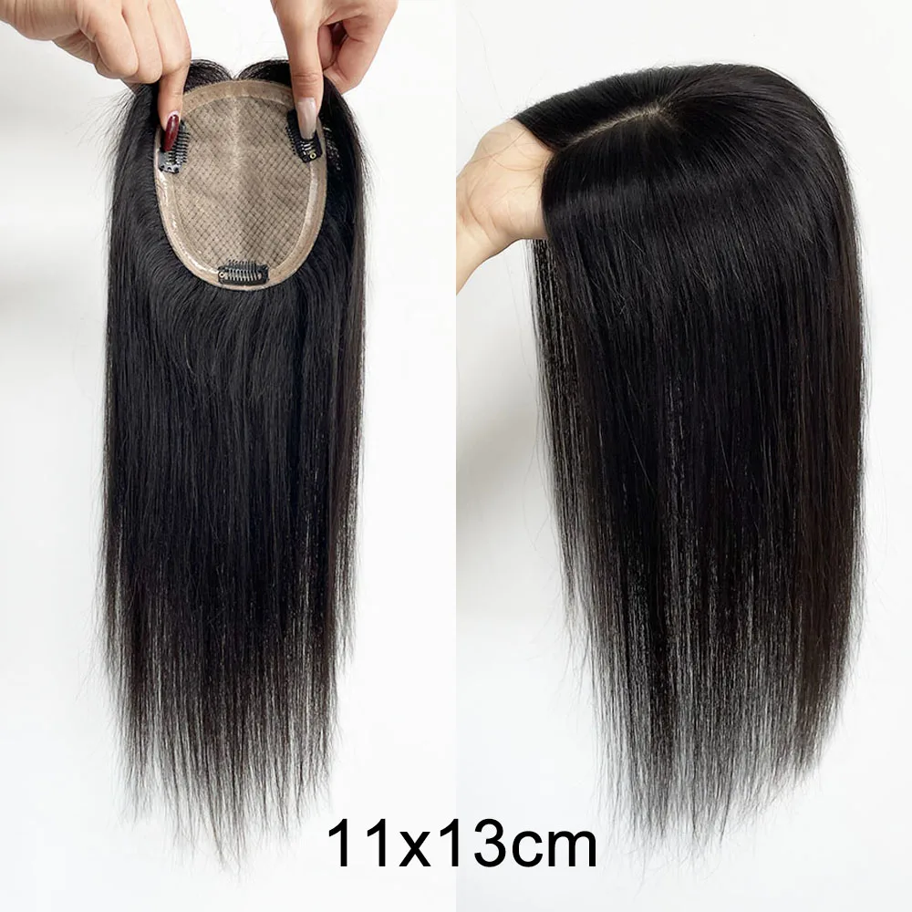 Topper per capelli umani con base in seta, capelli Remy europei lisci, completamente annodati a mano, morbidi e traspiranti, con clip per donna - immagine 4