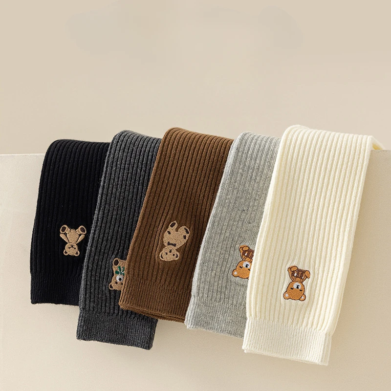 Cotton Knee High Socks for Kids Girls 1-8Y with Bear Embroidery