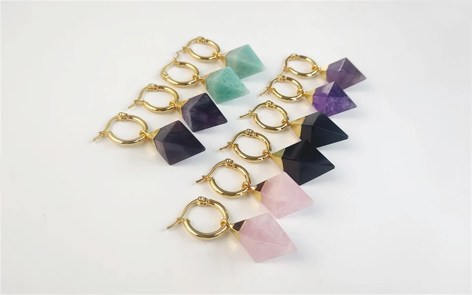 1Pair Natural Rose Quartzs Hoop Earrings, Golden Plating Semi-precious Stone Jewelry For Women Party Gift ER106G
