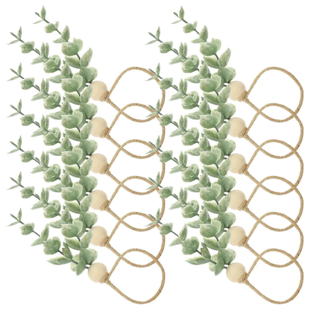 

12 Pcs Boho Artificial Eucalyptus Leaf Wooden Beads Dining Room Decor Rope Napkin Ring Reusable Buckle Leaves
