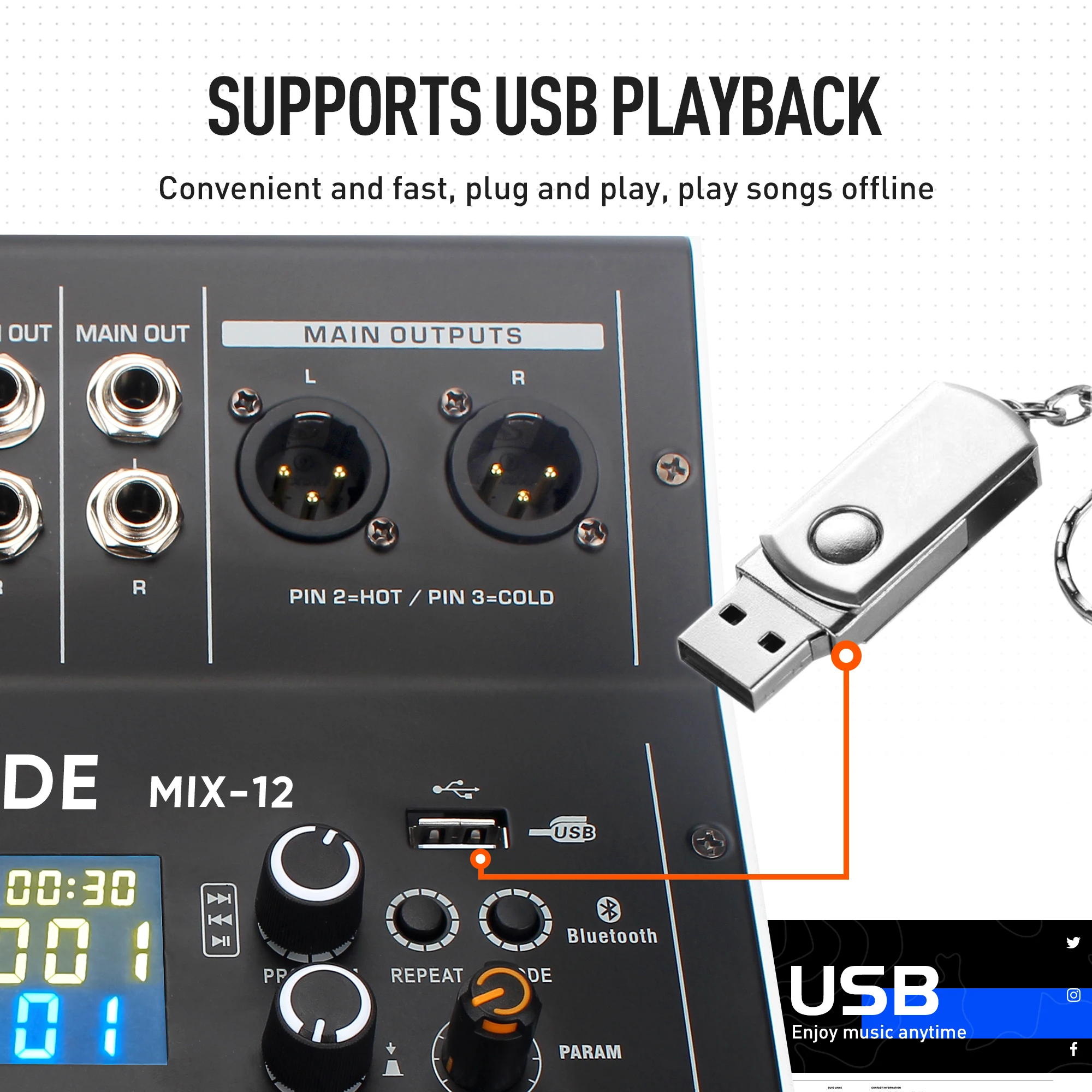 12채널 전문가용 오디오 믹싱 사운드 보드 콘솔, 99비트 DSP USB MP3 기능 탑재, PC 녹음용 XLR 마이크 잭
