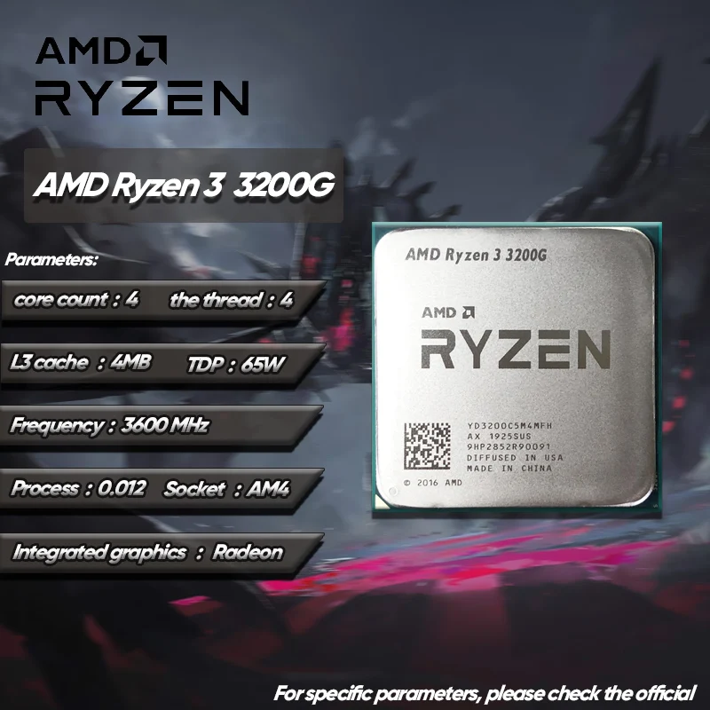AMD Ryzen 3 3200G R3 3200G 3.6 GHz Used GAMING Zen+ 0.012 Quad-Core  Quad-Thread 65W CPU L3=4M YD3200C5M4MFH Socket AM4