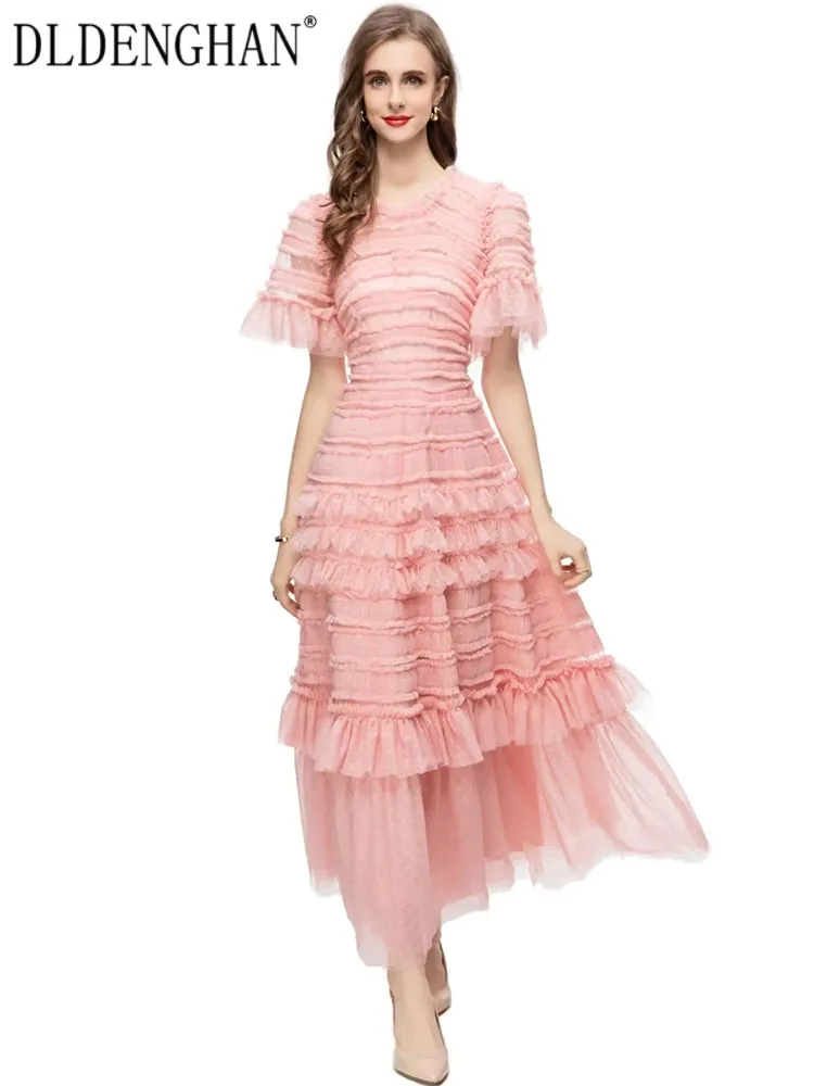 

Платье DLDENGHAN женское Сетчатое в горошек, Элегантное Длинное модельное платье в стиле ретро, с круглым вырезом, Расклешенным рукавом и каскадными оборками, весна-лето