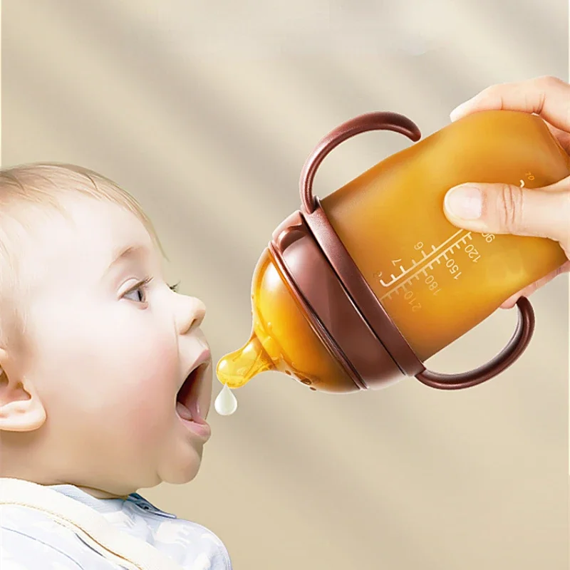 Silicone Nano Baby Bottle Feeding Bottles with Handle for Baby Weaning Anti-Choking Nipple Bottle for 0-9 Month 150ML/250ML