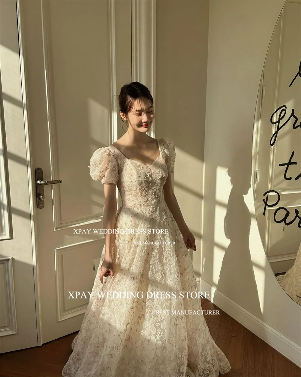 XPAY Princess Lace Korea Wedding Dresses A Line Draped Short Puff Sleeve Backless Bridal Gown Photos Shoot Custom Bride Dress 2