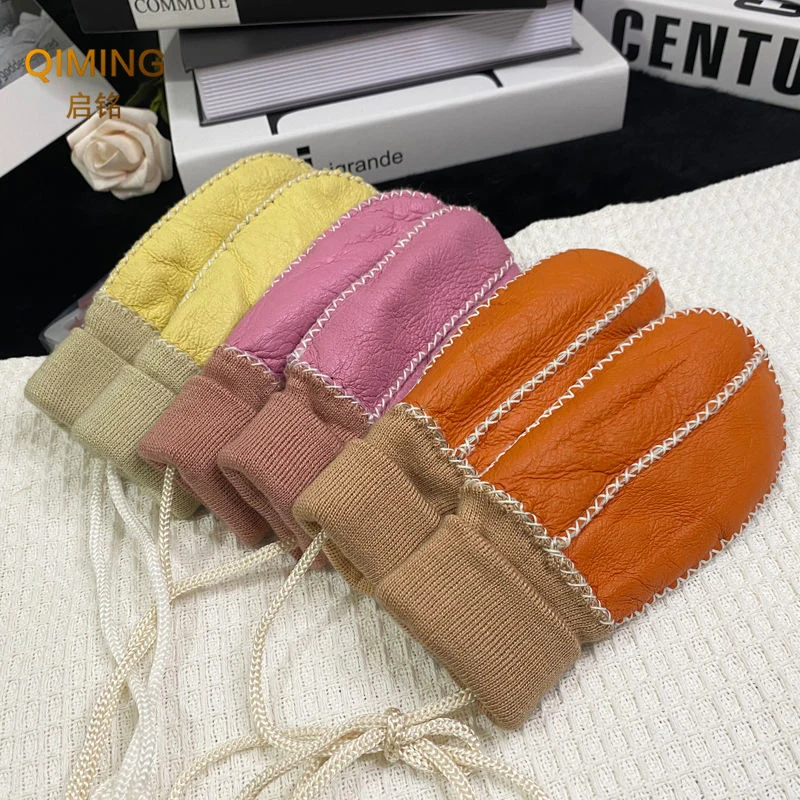 Winter Outdoor Girl Mittens Boys Kids Real Sheep Fur Gloves Warm Wool Gloves Children's Sheepskin Leather Plush Guantes Mitten