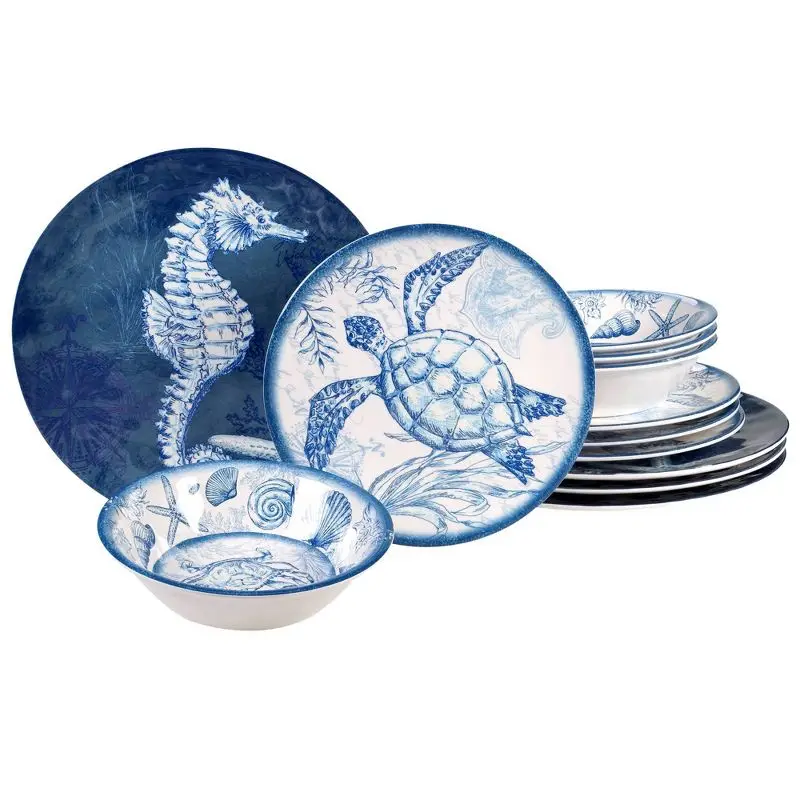 

Ocean Breeze: 12-piece Melamine Oceanic Dinnerware Set, Blue