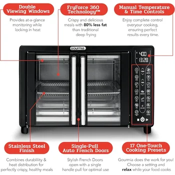 Large 24L Capacity Toaster Oven Air Fryer Combo with 17 Cooking Presets and 1700W Power Digital French Door Design with Convect 6