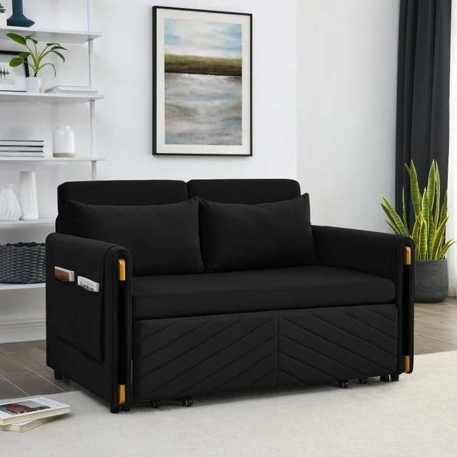 Sofá cama convertible de 55 pulgadas, moderno sofá biplaza de terciopelo  con bolsillos traseros y brazos ajustables, sofá cama extraíble para  espacios