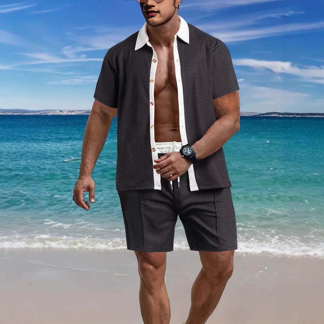 2025 summer men's beach light casual fashion city everything lapel button color shirt short-sleeved shorts set 4