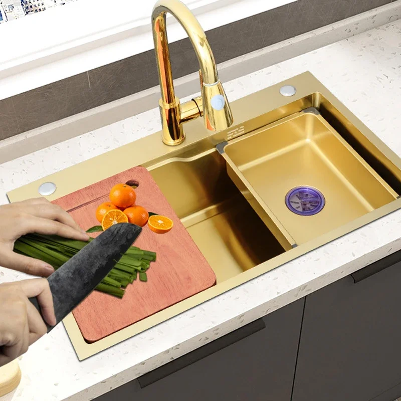 

75x45cm Golden Kitchen Sink 304 Stainless Steel Sinks Above Counter Or Udermount Vegetable Washing Basin With Faucet Drain