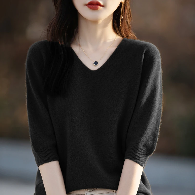 2025 100% ميرينو الصوف محبوك سترة بأكمام قصيرة خط...