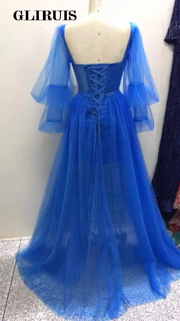 Boho Blue Prom Dresses Crystal Long Puffy Sleeve Tulle Backless Formal Evening Party Gowns Beauty Pageant Dresses  Custom Made simple prom dresses