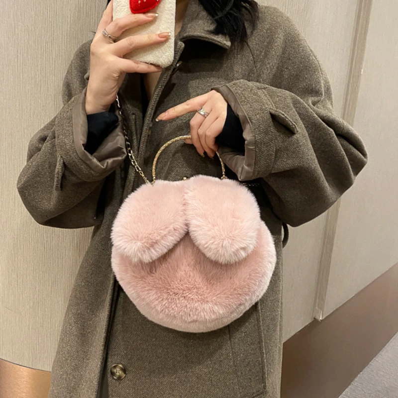 2022 Autumn Winter New Korean Style Women Portable Plush Bags Chain Lovely Rabbit Plush Shoulder Diagonal Bag All-match