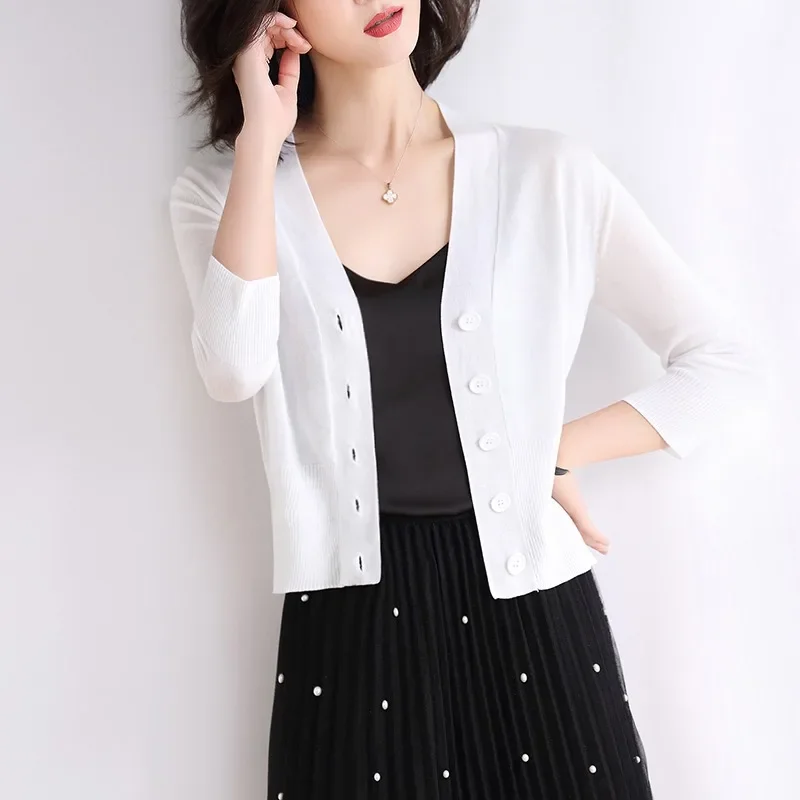 New Women's Knitted Cardigan V-neck Single-breasted Sweater Fashionable and Elegant Seven-quarter Sleeve Slim Cardigan Jacket