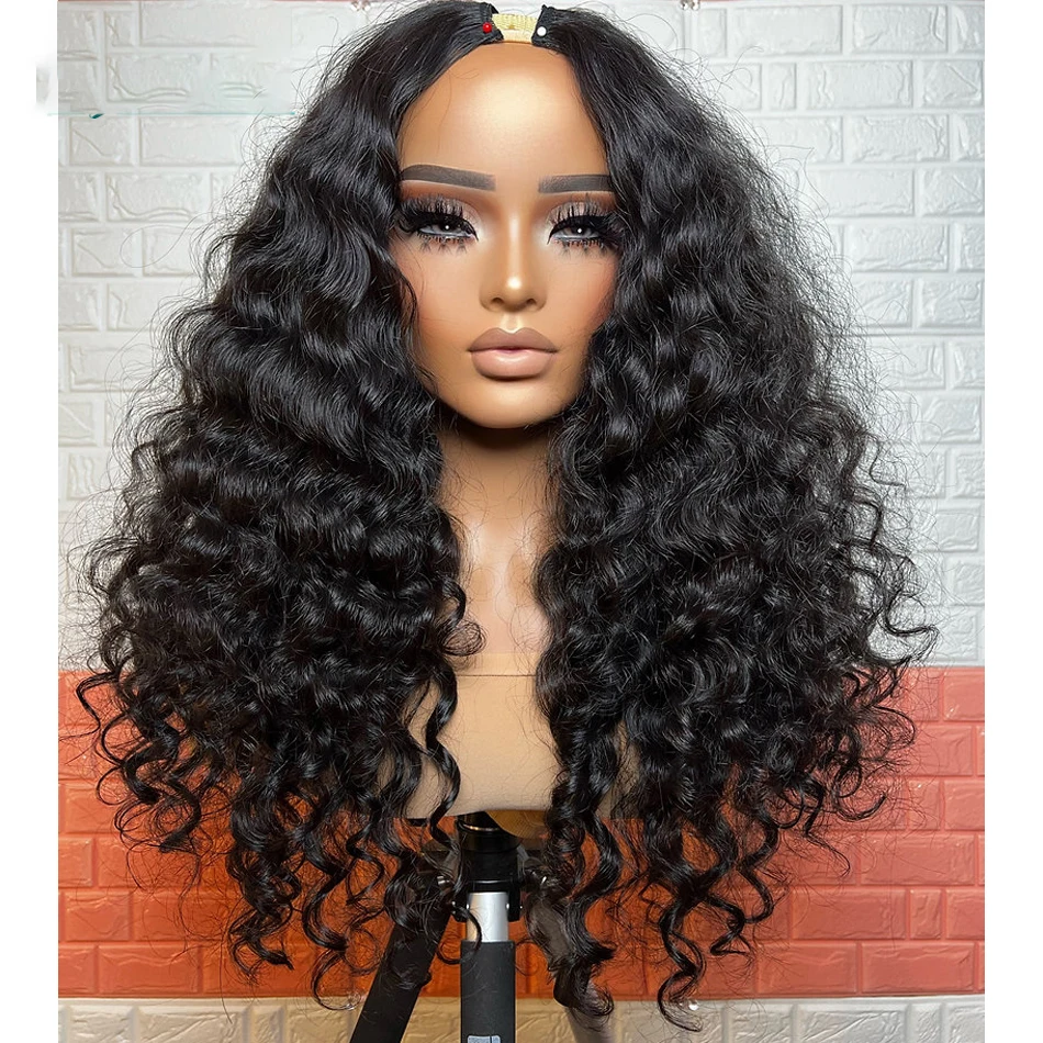 Soft 24 inch Long Natural Black Kinky Curly U Part Wig European Remy