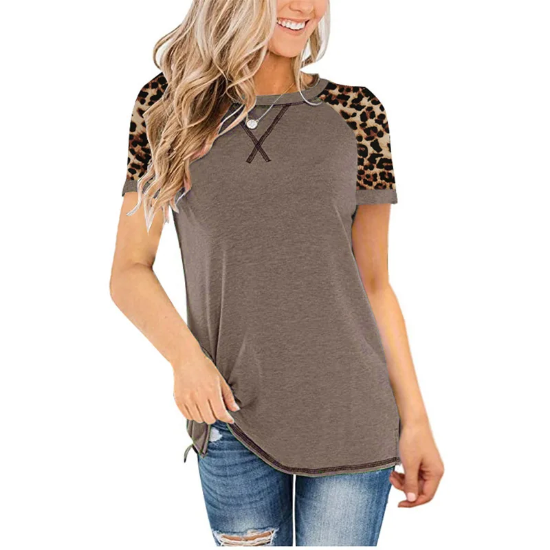 

Spring and Summer New Female Leopard Print Stitching Round Neck Short-sleeved T-shirt Women's Top Casual Commuter All-match Tops