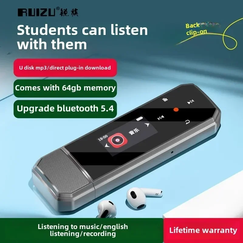 RUIZU X80 USB MP3 Player Mini 64GB Touch Key Bluetooth 5.3 Sports Clip Music Player Support FM Radio Recorder E-Book Pedometer