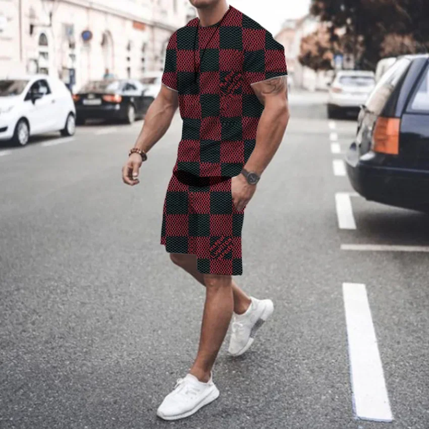 2024 Summer New Men's Crew Neck Sports T-Shirt Men's Casual Short Sleeve 3D Printed Sportswear New Striped Shorts Men's Suit 4