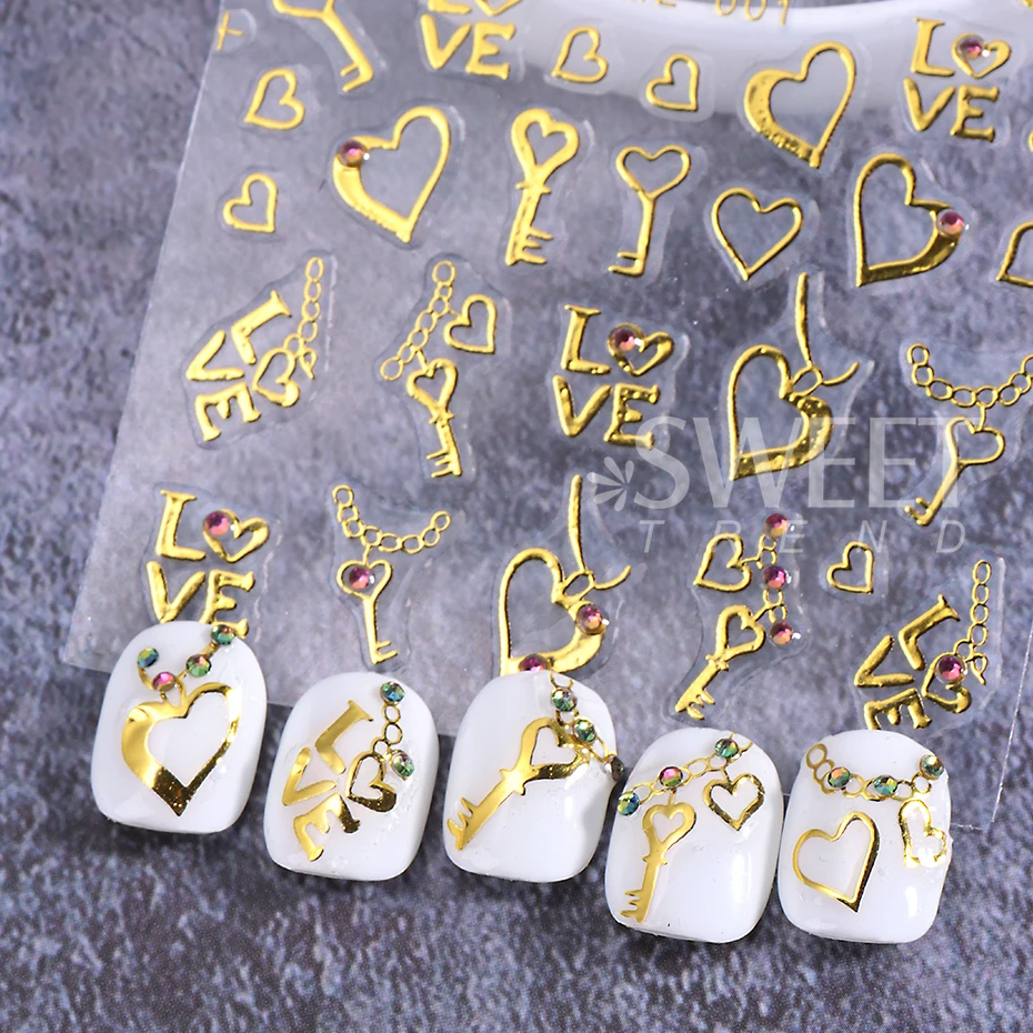 2pcs Bronzing Gold Love Heart Nail Sticker With Rhinestone Irregular Lines Key Y2K Adhesive Decals DIY Charm Manicure Decor Tips