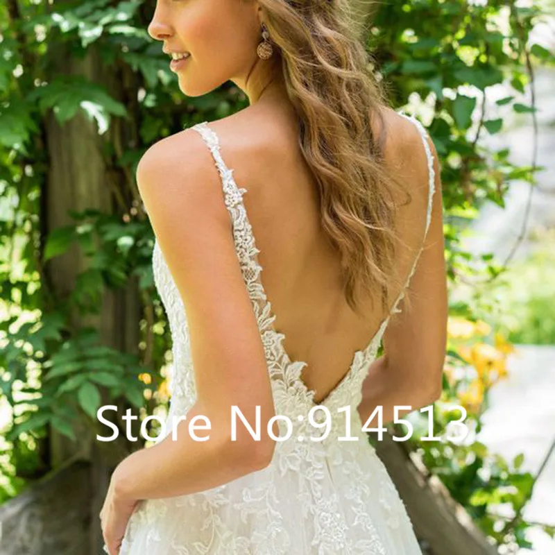 Customized Vestido De Noiva V Neck Tulle Wedding Dress Top Lace Appliques Bridal Dress Made Backless Wedding Gown Sweep Train 4