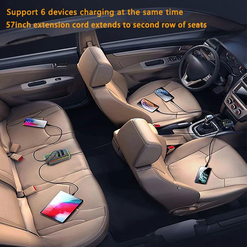 22.5W Fast Car Charger 7-Port Expansion Simultaneous Front and Rear Charging Type-C USB Family Travel Adapter Charger