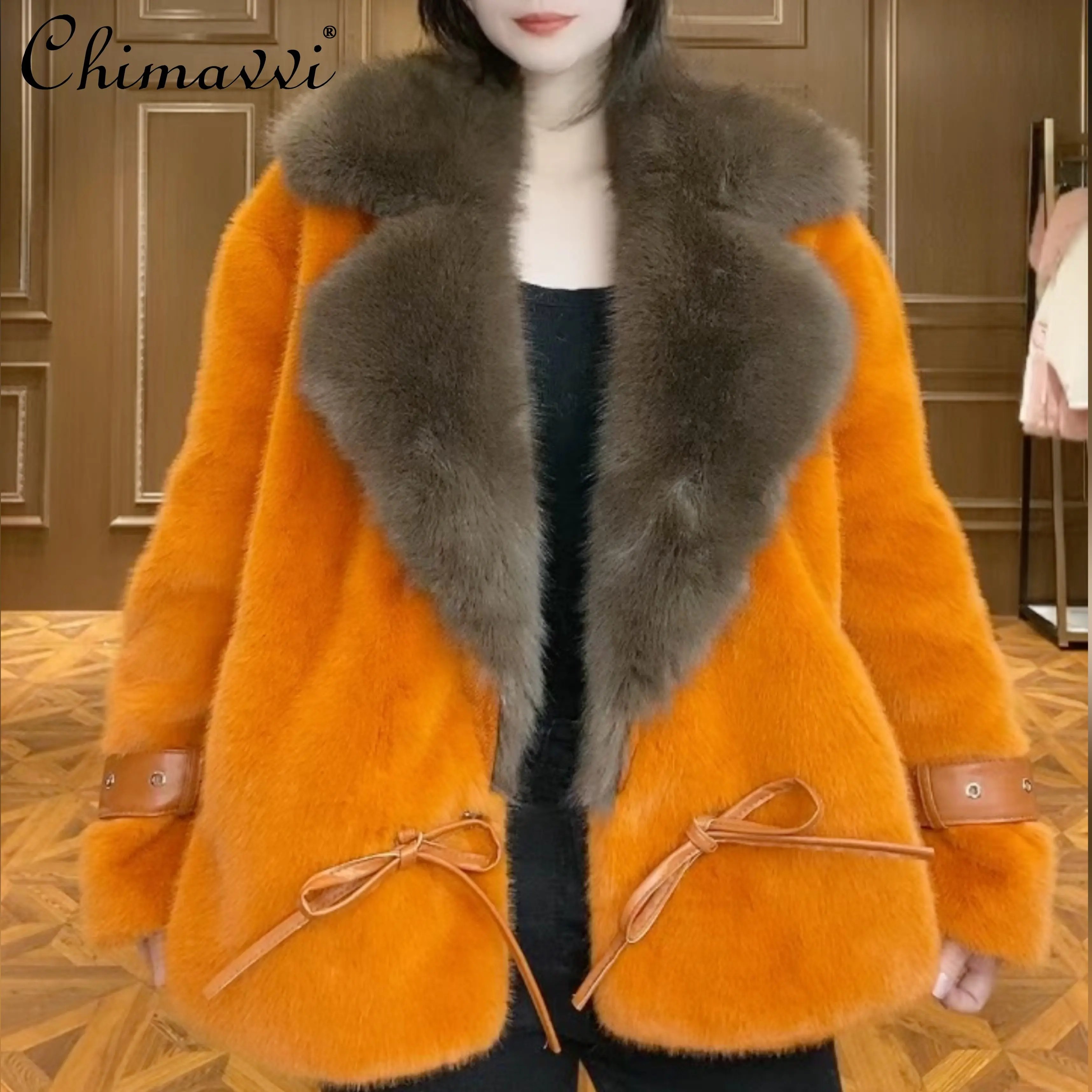 

Европейские товары, женское меховое теплое пальто с длинным рукавом, европейская норковая теплая куртка, Повседневная Уличная одежда в тяжелом деловом стиле, подходящая ко всему Меховая куртка