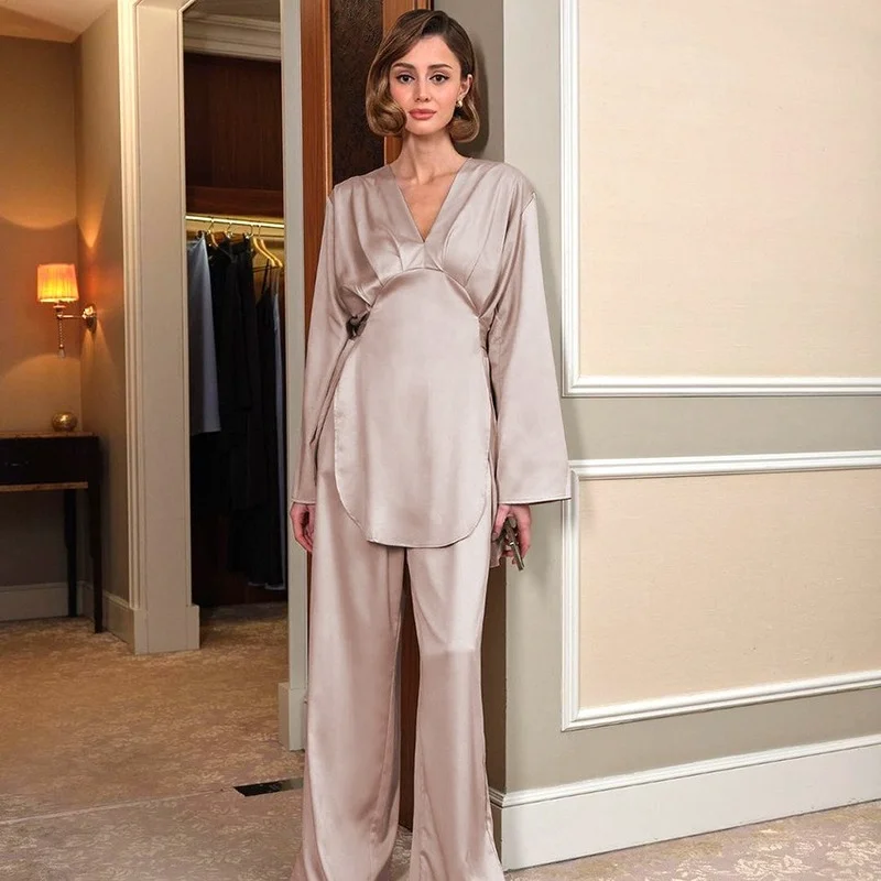 

2PCS/Sets Sexy Women Tracksuit Ice Silk Satin Long Sleeve V-neck T-shirts Trousers Casual Loose Sleepwear Slip Nightwear Pajamas