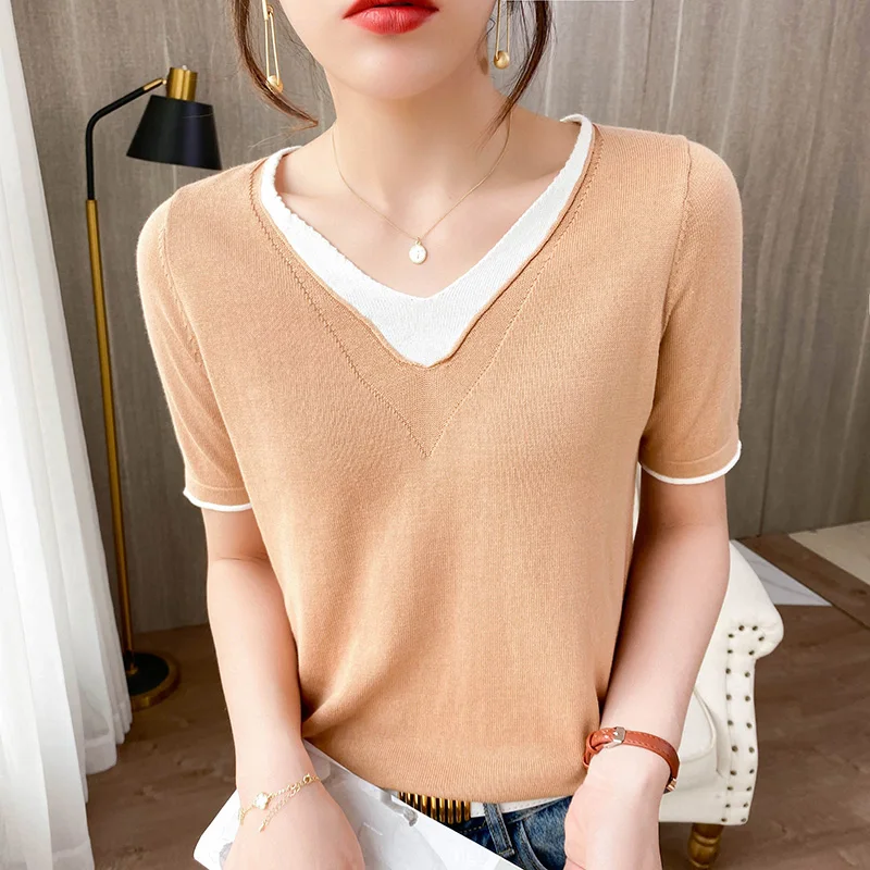 

Women's V-Neck Short-Sleeved 100% Cotton Pullover Fake Two-Piece Knitted Sweater Thin Color Matching Loose T-Shirt Korean Style